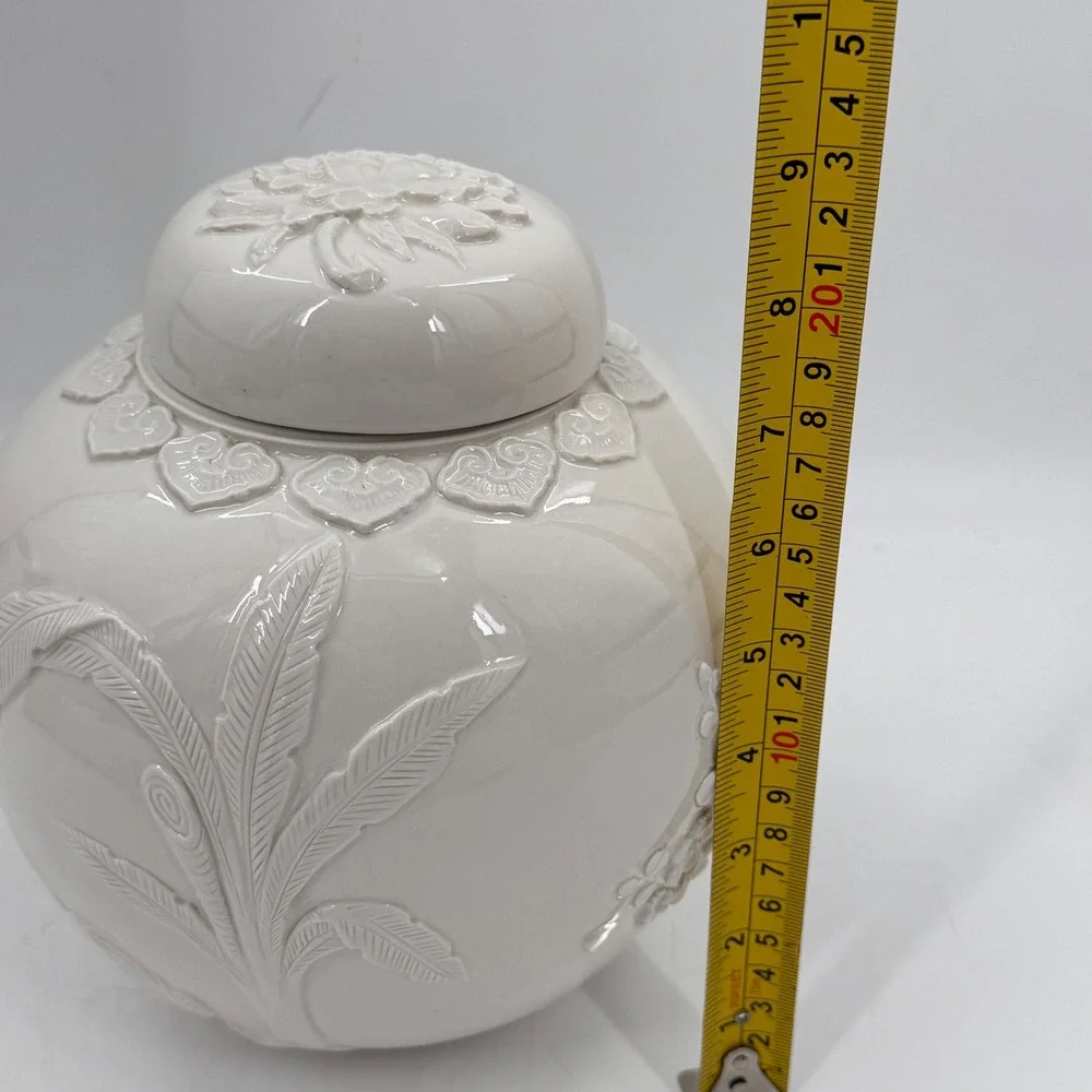 White Relief Porcelain Ginger Jar Rooster Floral Botanical Blanc de Chine